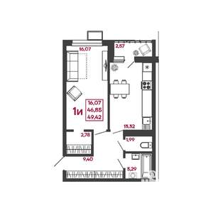 1-к квартира, вторичка, 49м2, 1/17 этаж