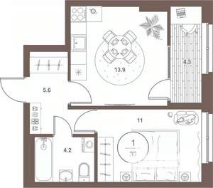 1-к квартира, вторичка, 39м2, 5/16 этаж