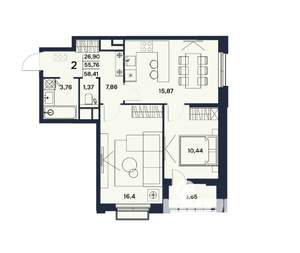 2-к квартира, вторичка, 58м2, 17/17 этаж
