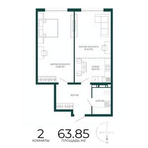2-к квартира, строящийся дом, 64м2, 6/17 этаж