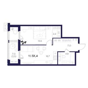 1-к квартира, вторичка, 51м2, 7/16 этаж
