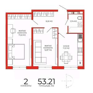 2-к квартира, строящийся дом, 53м2, 10/18 этаж