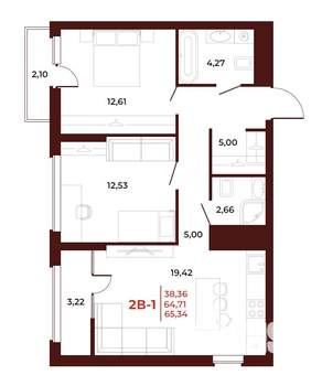2-к квартира, вторичка, 65м2, 12/18 этаж