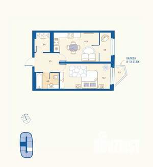 1-к квартира, вторичка, 48м2, 2/16 этаж