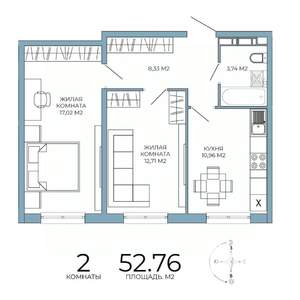 2-к квартира, строящийся дом, 53м2, 2/18 этаж
