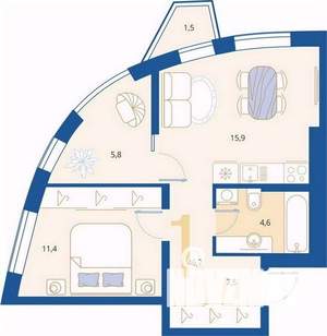 1-к квартира, вторичка, 45м2, 5/16 этаж