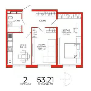 2-к квартира, строящийся дом, 53м2, 14/18 этаж