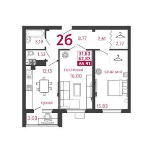 2-к квартира, вторичка, 66м2, 5/5 этаж