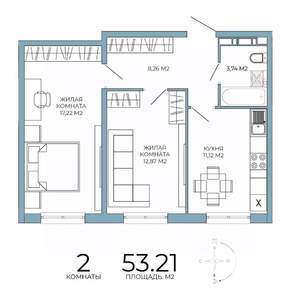 2-к квартира, строящийся дом, 53м2, 8/18 этаж