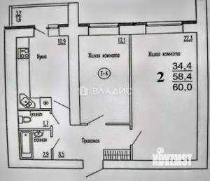 2-к квартира, вторичка, 58м2, 1/19 этаж