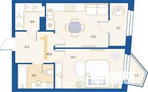 1-к квартира, вторичка, 47м2, 6/16 этаж