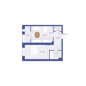 1-к квартира, вторичка, 46м2, 1/4 этаж