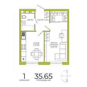 1-к квартира, вторичка, 36м2, 2/18 этаж