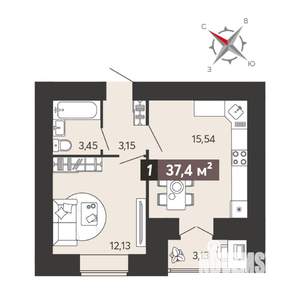 1-к квартира, вторичка, 37м2, 1/18 этаж