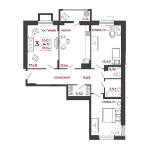 3-к квартира, вторичка, 99м2, 1/15 этаж