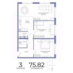 3-к квартира, строящийся дом, 76м2, 14/17 этаж