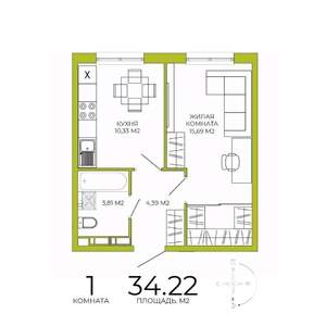 1-к квартира, строящийся дом, 34м2, 11/18 этаж