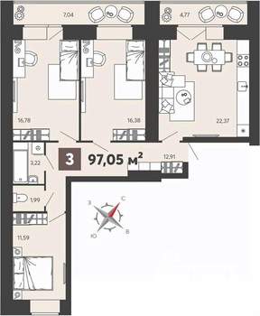 3-к квартира, вторичка, 97м2, 1/16 этаж