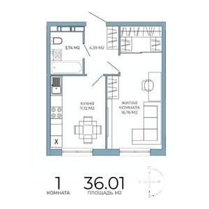 1-к квартира, строящийся дом, 36м2, 10/18 этаж