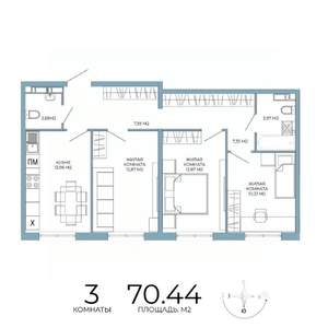 3-к квартира, строящийся дом, 70м2, 8/18 этаж