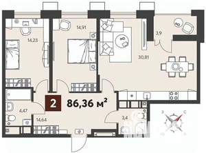 2-к квартира, вторичка, 86м2, 3/18 этаж