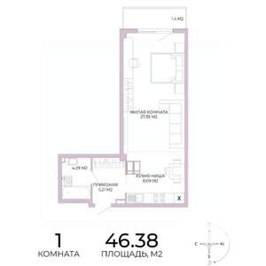 1-к квартира, вторичка, 46м2, 10/17 этаж