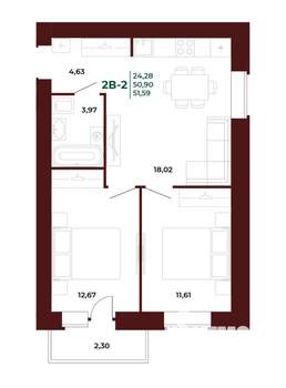 2-к квартира, вторичка, 54м2, 16/17 этаж