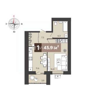 1-к квартира, вторичка, 46м2, 16/17 этаж