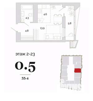 1-к квартира, вторичка, 33м2, 7/24 этаж