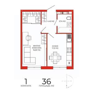 1-к квартира, строящийся дом, 36м2, 17/18 этаж