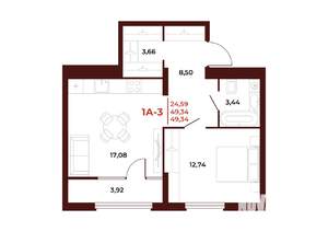 1-к квартира, строящийся дом, 49м2, 11/18 этаж