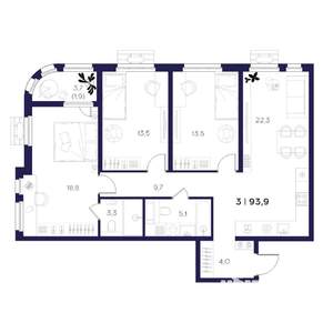 3-к квартира, вторичка, 94м2, 7/16 этаж