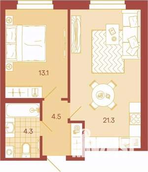 2-к квартира, вторичка, 43м2, 1/17 этаж
