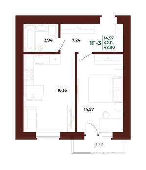 1-к квартира, вторичка, 44м2, 16/17 этаж