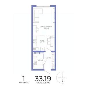 1-к квартира, строящийся дом, 33м2, 16/17 этаж