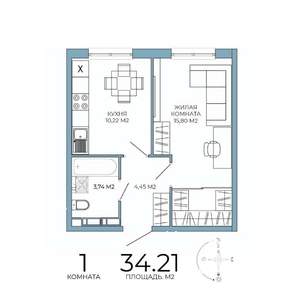 1-к квартира, строящийся дом, 34м2, 18/18 этаж