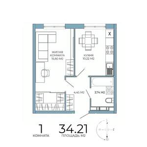 1-к квартира, строящийся дом, 34м2, 18/18 этаж