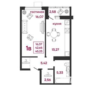 1-к квартира, вторичка, 45м2, 14/17 этаж