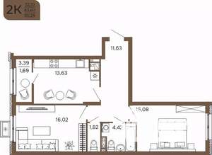 2-к квартира, вторичка, 65м2, 14/17 этаж