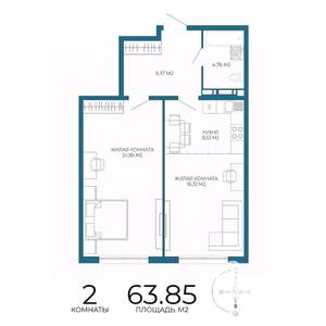 2-к квартира, строящийся дом, 64м2, 8/17 этаж