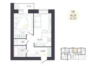 1-к квартира, вторичка, 42м2, 6/16 этаж