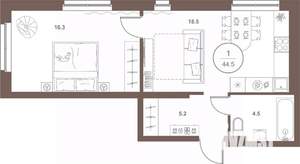 1-к квартира, вторичка, 45м2, 3/16 этаж