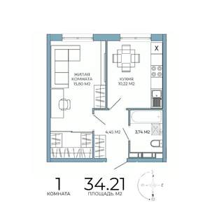 1-к квартира, строящийся дом, 34м2, 13/18 этаж