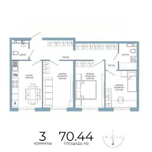 3-к квартира, вторичка, 70м2, 13/18 этаж