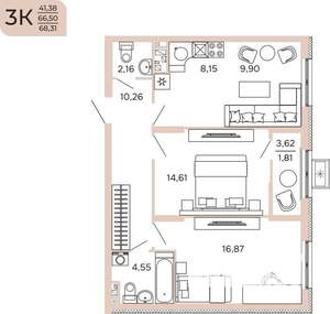 3-к квартира, вторичка, 68м2, 6/17 этаж