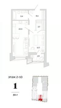 1-к квартира, вторичка, 52м2, 8/24 этаж