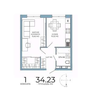 1-к квартира, строящийся дом, 34м2, 8/18 этаж