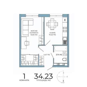 1-к квартира, строящийся дом, 34м2, 9/18 этаж