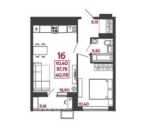 1-к квартира, вторичка, 41м2, 6/17 этаж