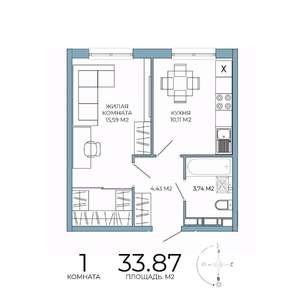 1-к квартира, строящийся дом, 34м2, 2/18 этаж
